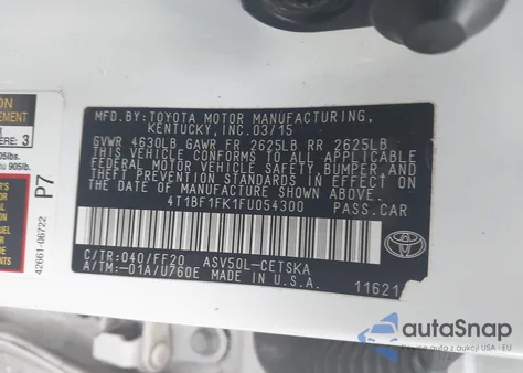 2015 Toyota Camry Se from USA, damaged, VIN 4T1BF1FK1FU054300